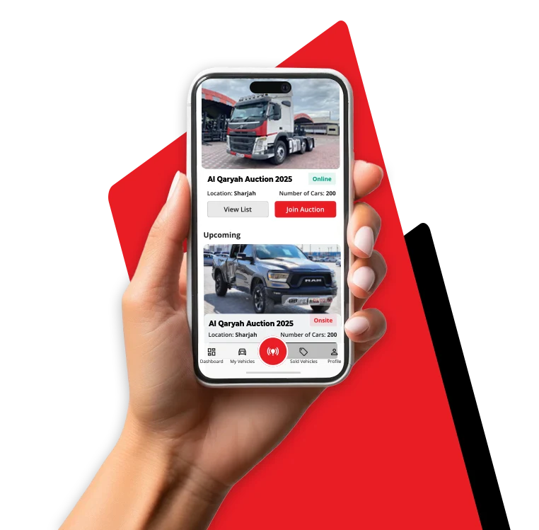 Al Qaryah Auction mobile app on a smartphone